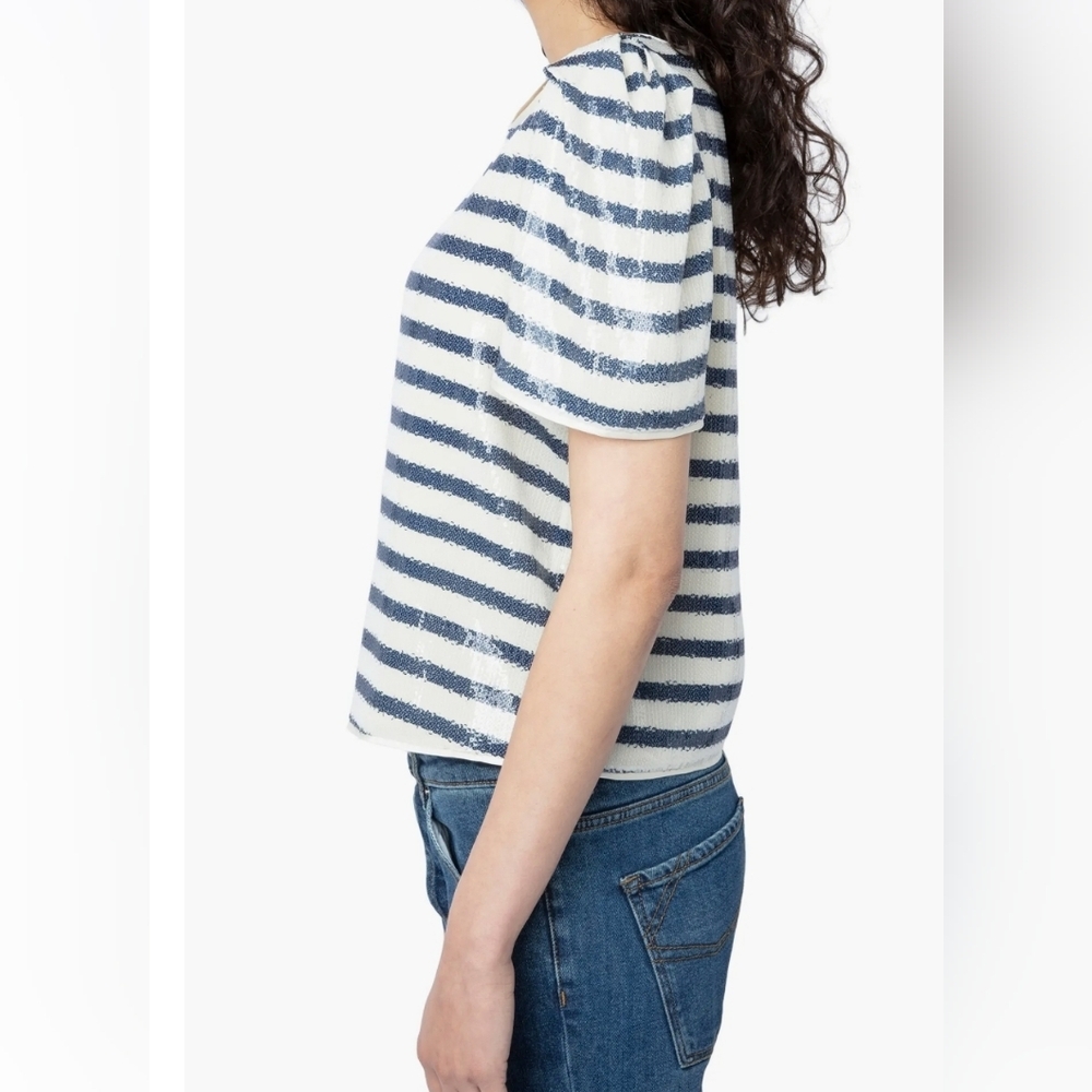 Zadig & Voltaire Tchao Sequin Striped Nautical Short Sleeve Top - Picture 6 of 12